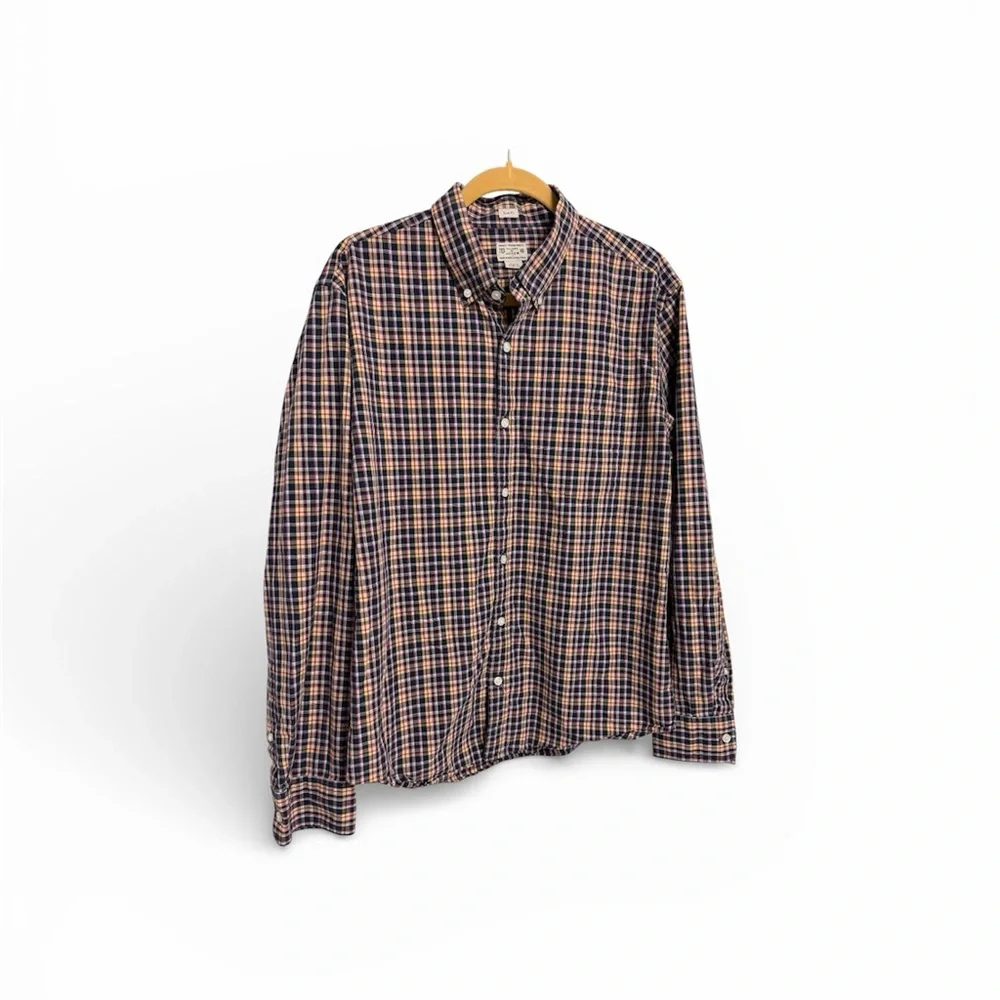 J. Crew Men's Casual Button Down Shirt Black Yellow Red Plaid Slim Fit Preppy XL